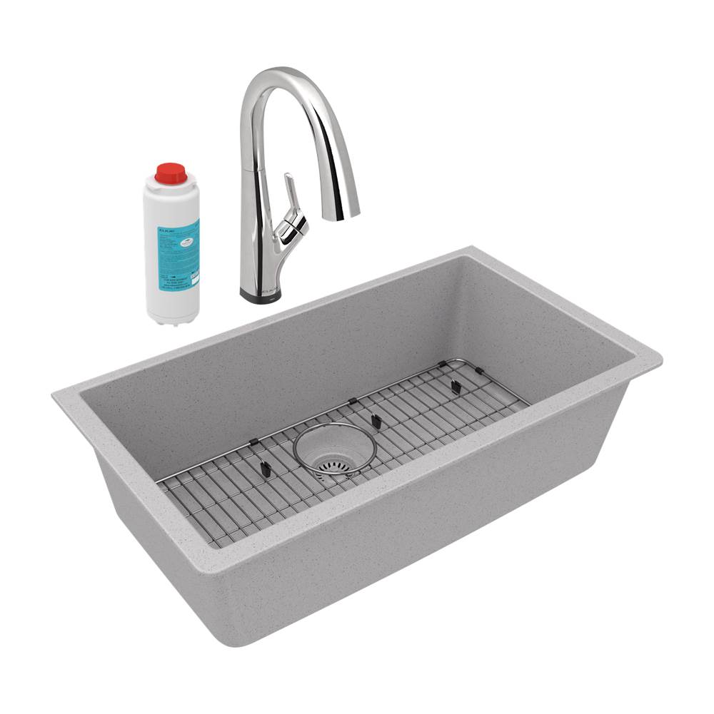 Elkay Quartz Classic 33'' x 18-7/16'' x 9-7/16'', Single Bowl Undermount Sink Kit with Filtered Faucet, Greystone