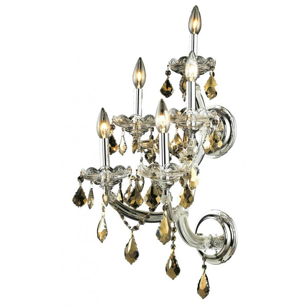 Elegant Lighting Maria Theresa 5 Light Chrome Wall Sconce Golden Teak (Smoky) Royal Cut Crystal
