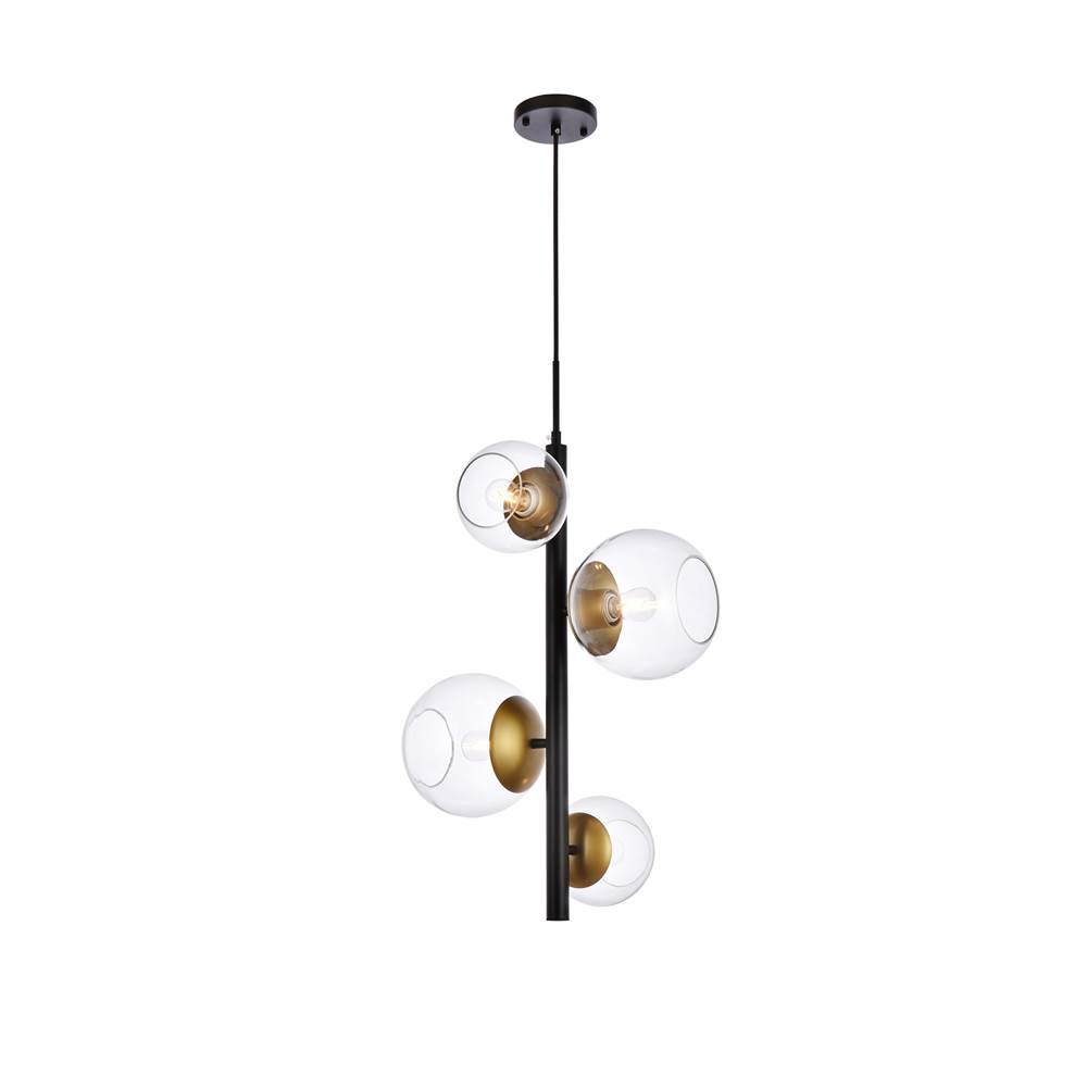 Elegant Lighting Wells 18 Inch Pendant In Black And Brass With Clear Shade