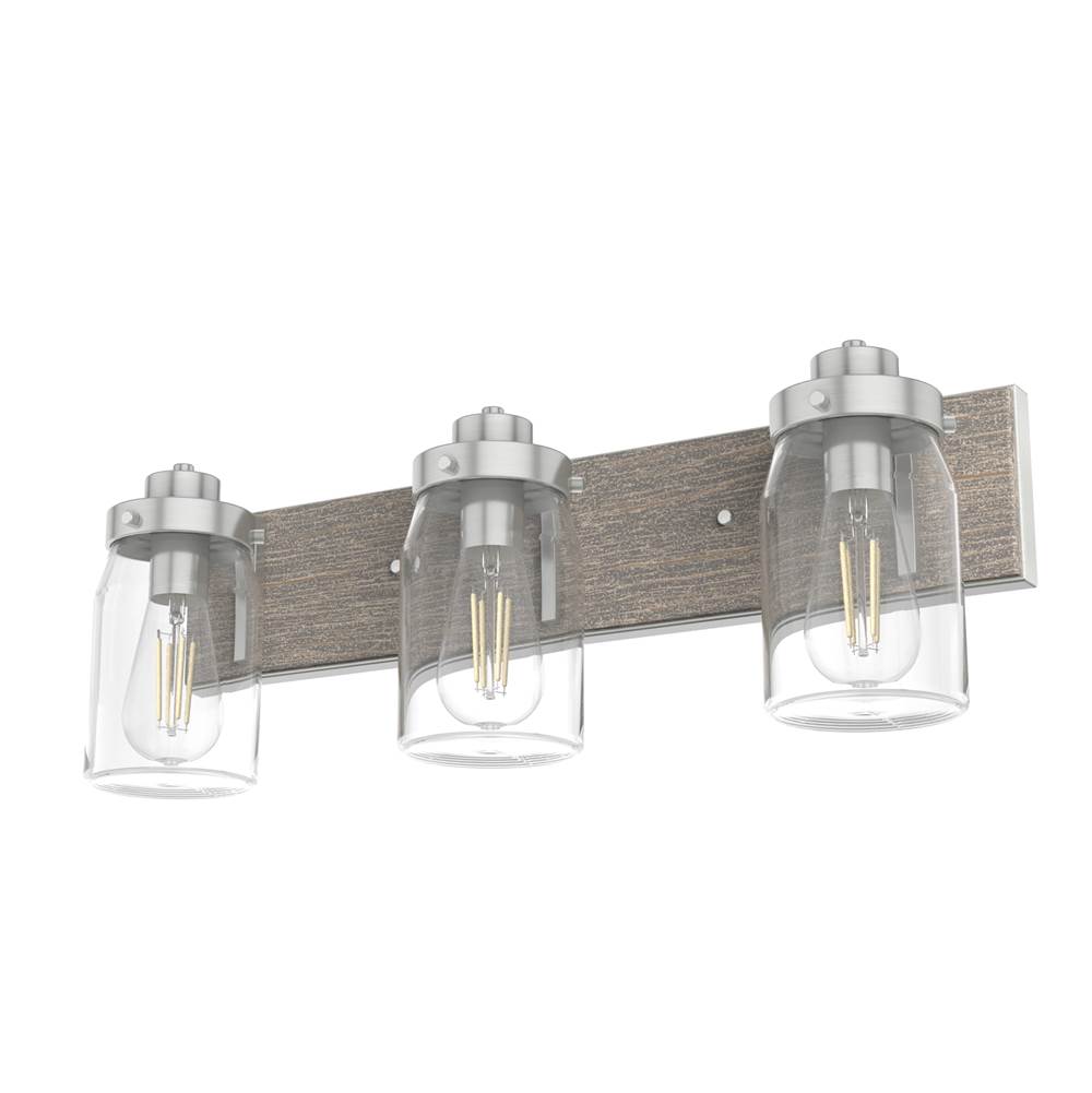 Hunter Devon Park Brushed Nickel and Grey Wood with Clear Glass 3 Light Vanity Wall Light Fixture