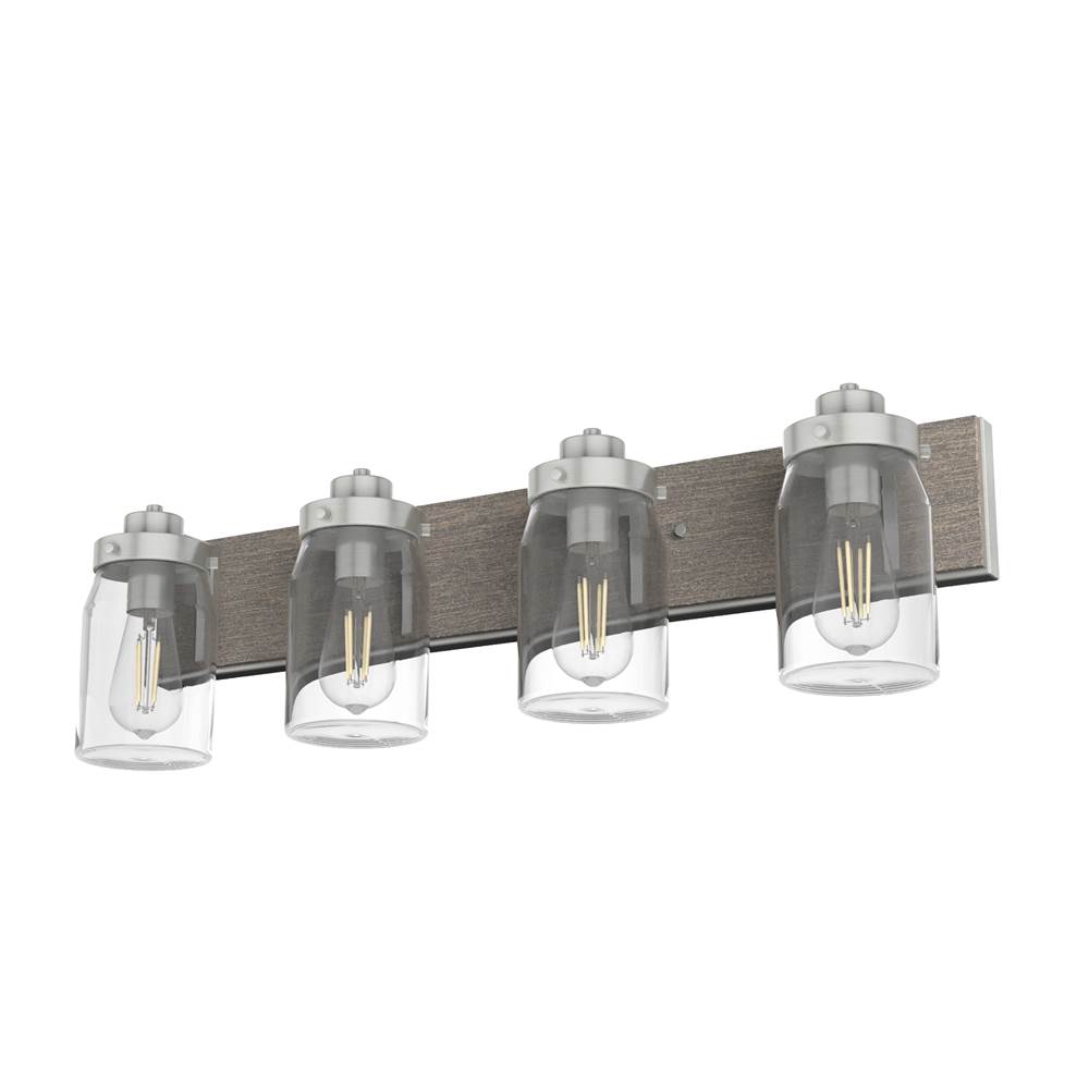 Hunter Devon Park Brushed Nickel and Grey Wood with Clear Glass 4 Light Vanity Wall Light Fixture