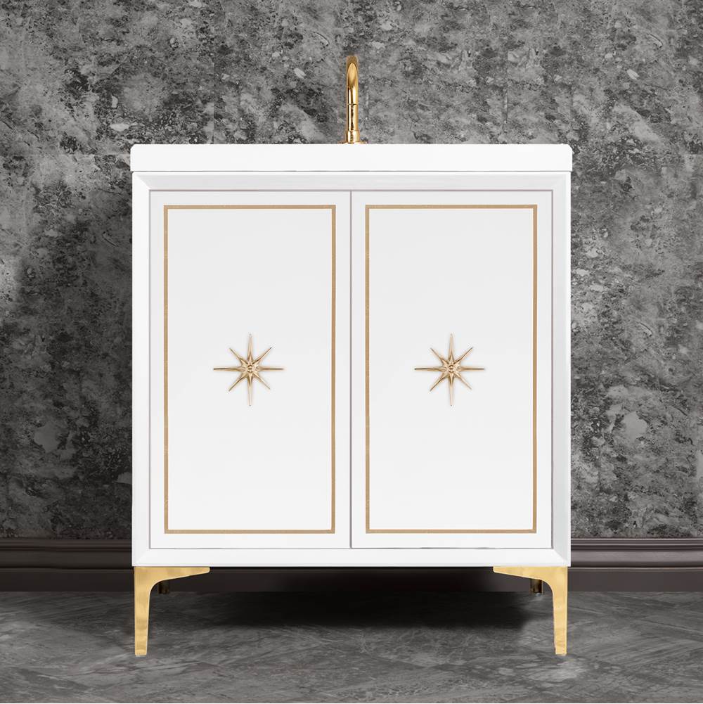 Linkasink Linea with 3'' Polished Brass Star Hardware, 30'' Wide Vanity, White, 30'' x 22'' x 33.5'' (without vanity top)