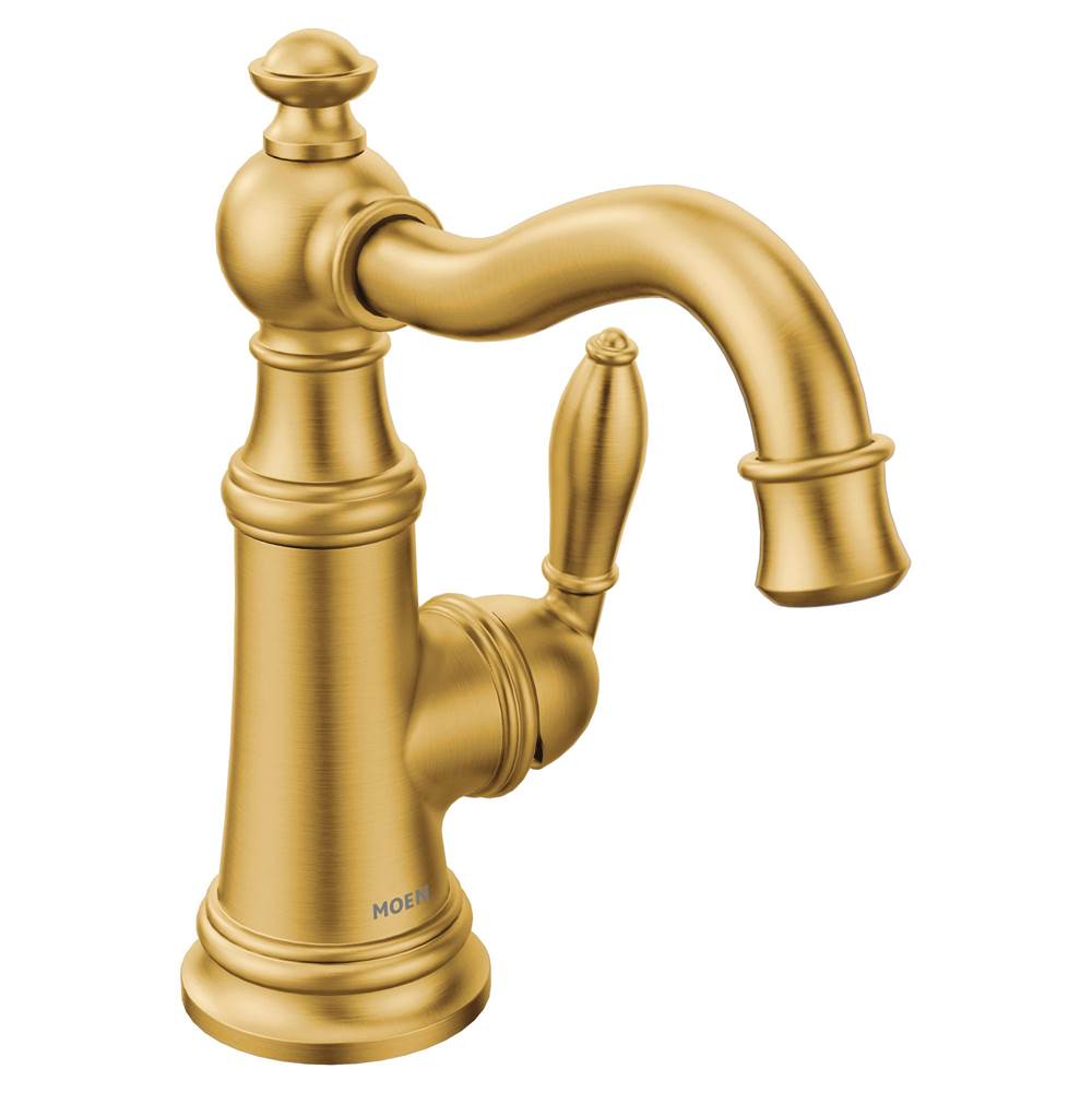 Moen Weymouth One-Handle Single Hole Traditional Bathroom Sink Faucet with Drain Assembly, Brushed Gold